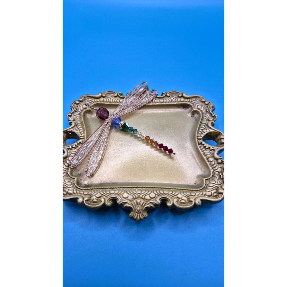 7 Chakra Swarovski Crystal Dragonfly Pendant Rainbow Suncatcher Gold Tone 3.5" - Picture 8 of 16